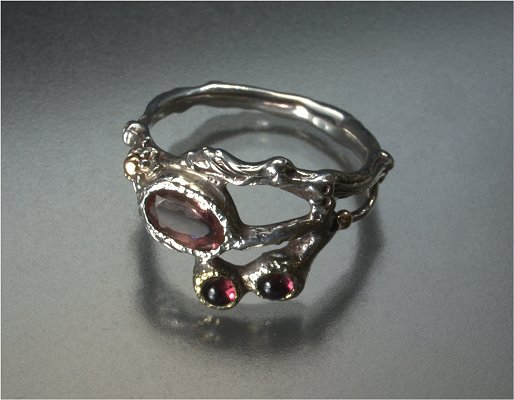 Natural twist sterling silver & gold, garnet, pink tourmaline ring